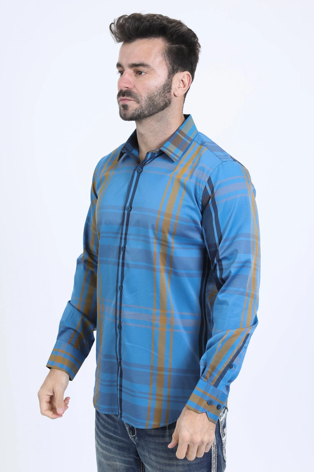 Hooded Neckline Versatile Wear Mens Checkered Long Sleeve Dk. Blue Shirt