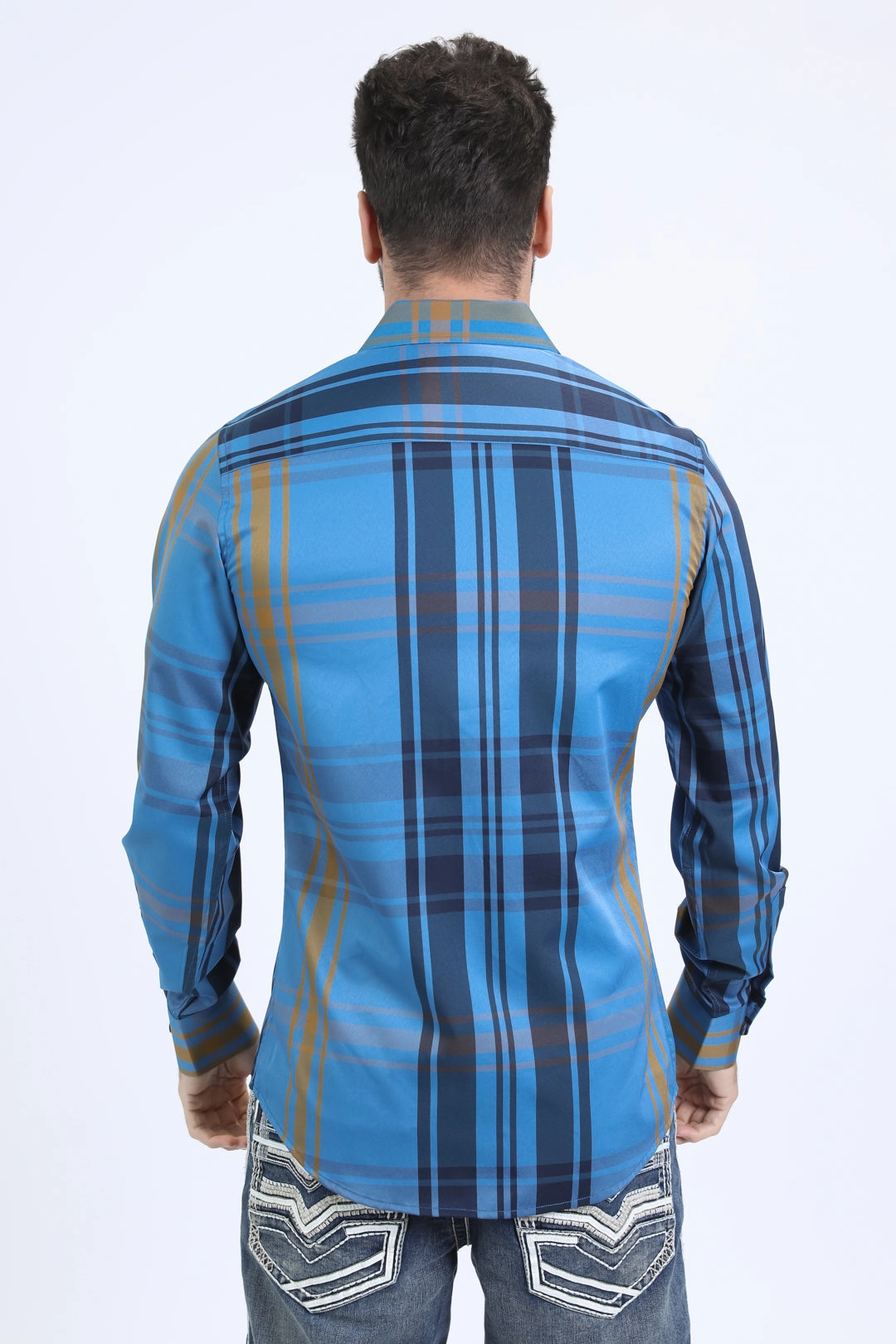 Button front Mens Checkered Long Sleeve Dk. Blue Shirt