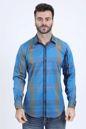Mens Checkered Long Sleeve Dk. Blue Shirt Smooth Finish