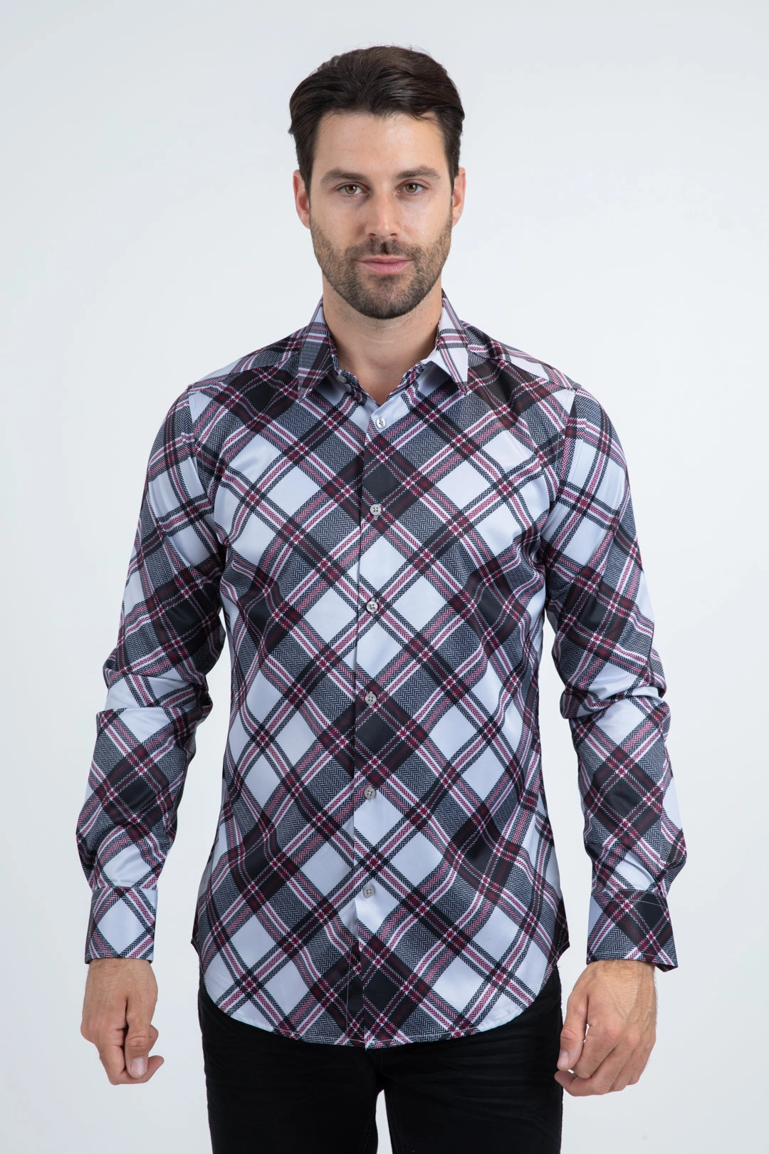 Trendy Layer Essential Fit Mens Checkered Long Sleeve Lt. Grey Shirt