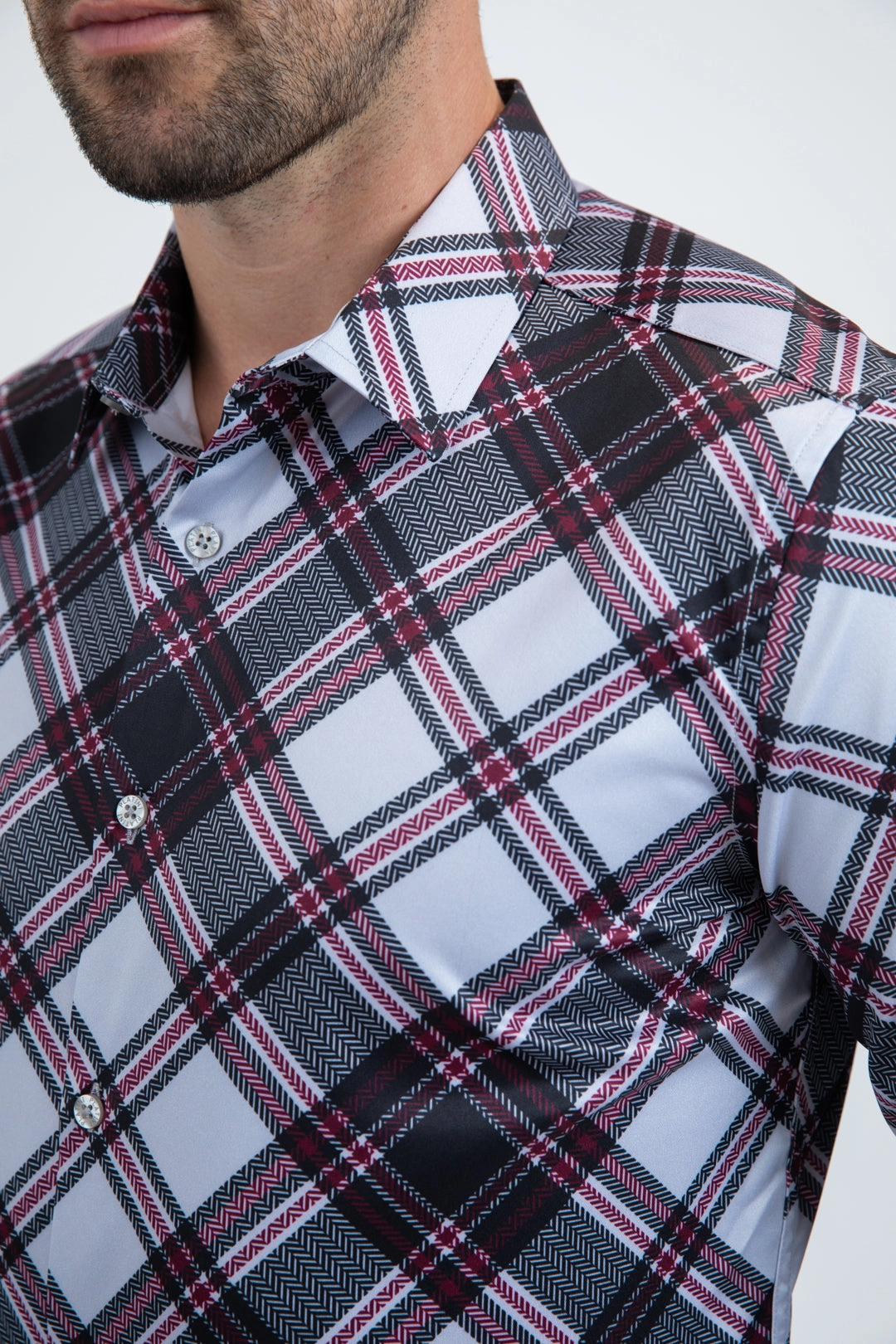 Urban Fashion Sheer Panel Mens Checkered Long Sleeve Lt. Grey Shirt