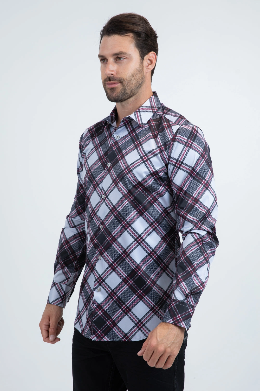 Mens Checkered Long Sleeve Lt. Grey Shirt Minimalist Style Conference Appropriate