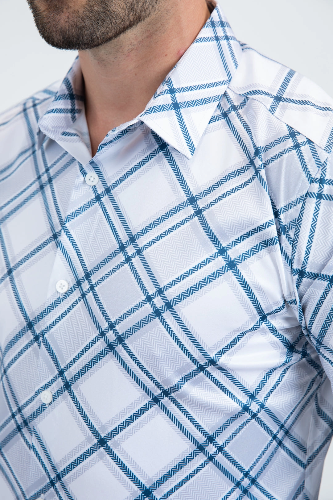 Mens Checkered Long Sleeve White Shirt Morning Comfort