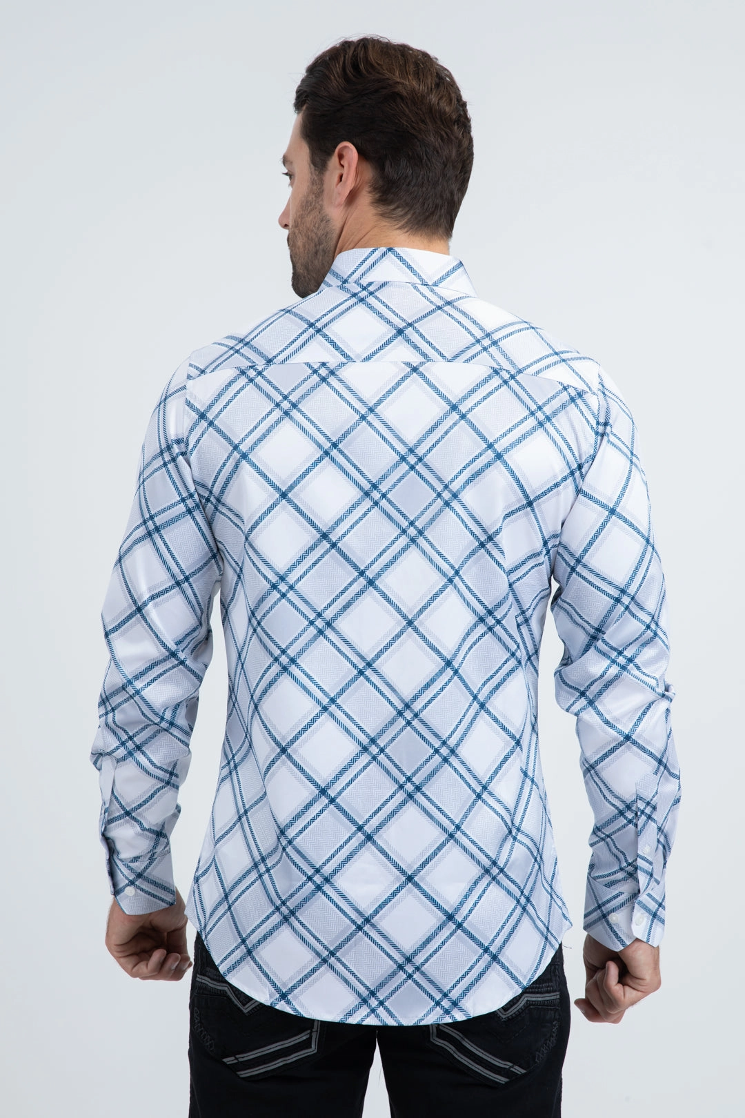 Mens Checkered Long Sleeve White Shirt Classic Collar Smart Design