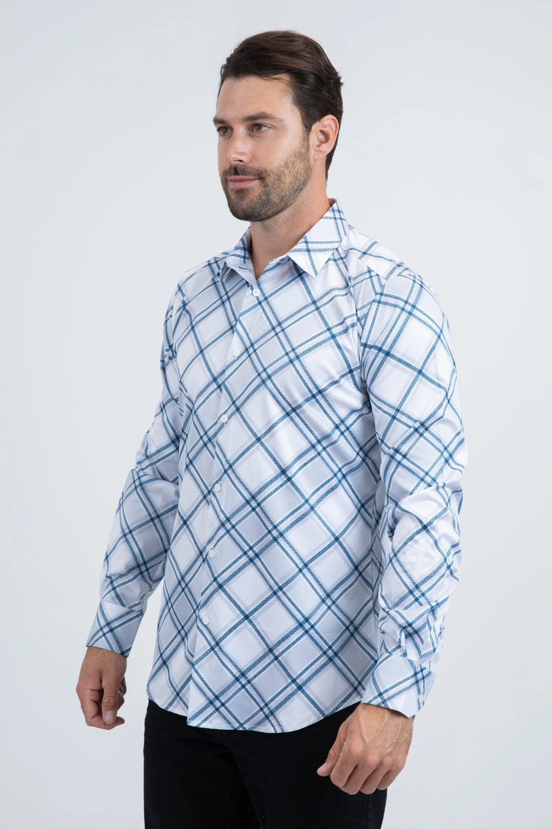 Tall Option Premium Fabric Mens Checkered Long Sleeve White Shirt