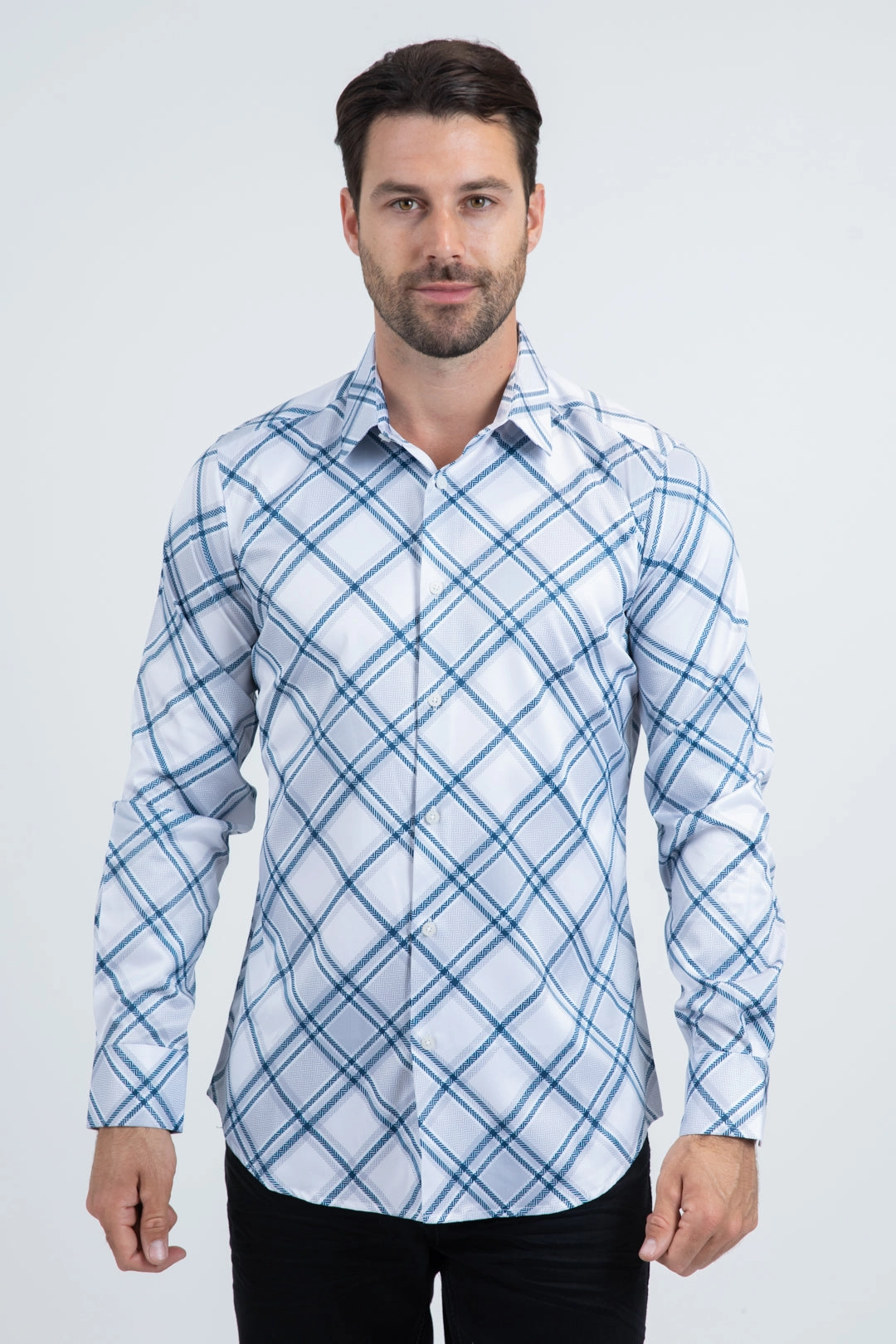 Chambray Fabric Snag Free Surface Mens Checkered Long Sleeve White Shirt