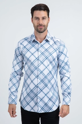 Chambray Fabric Snag Free Surface Mens Checkered Long Sleeve White Shirt