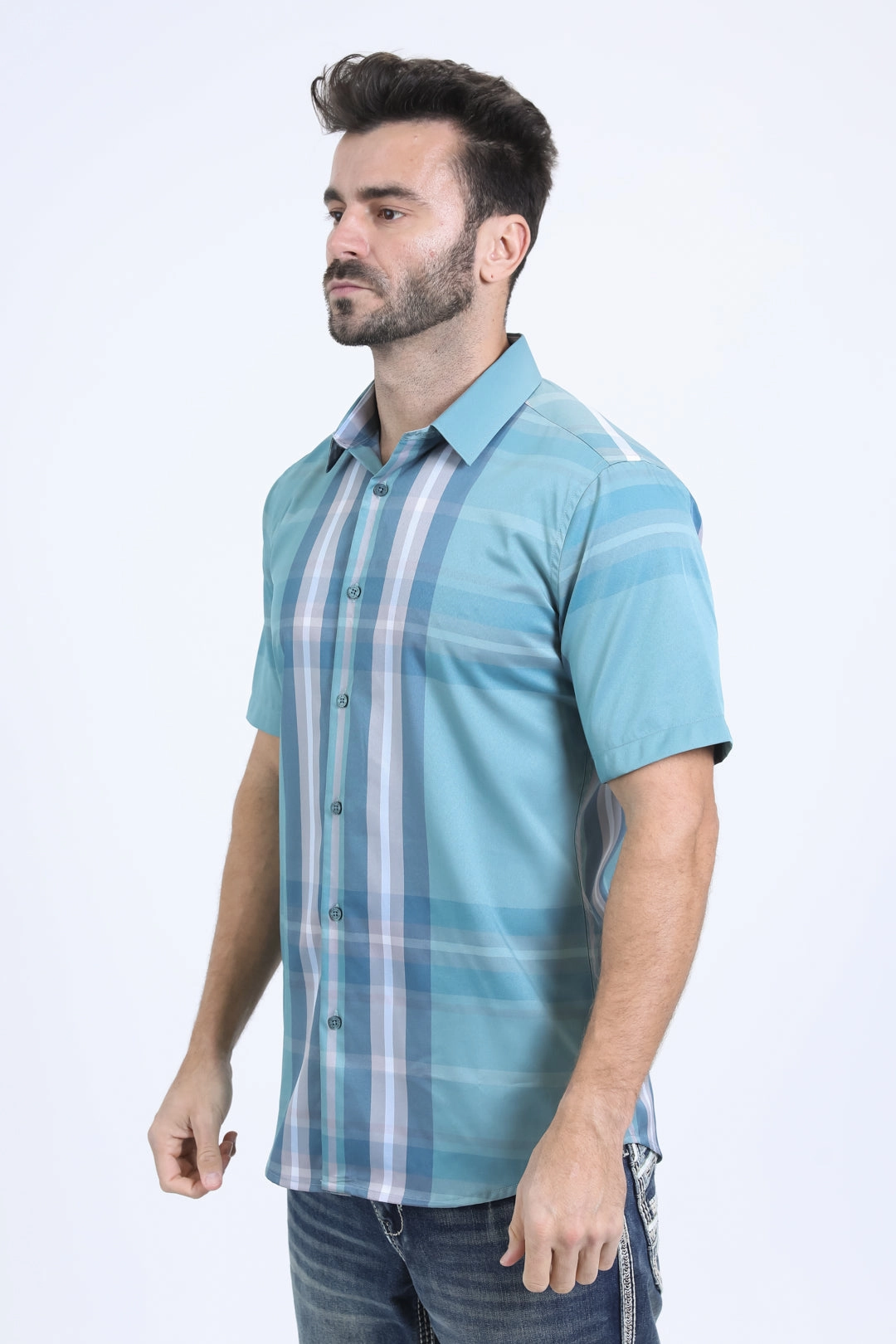 Functional Fashion Mens Checkered Short Sleeve Blue Shirt