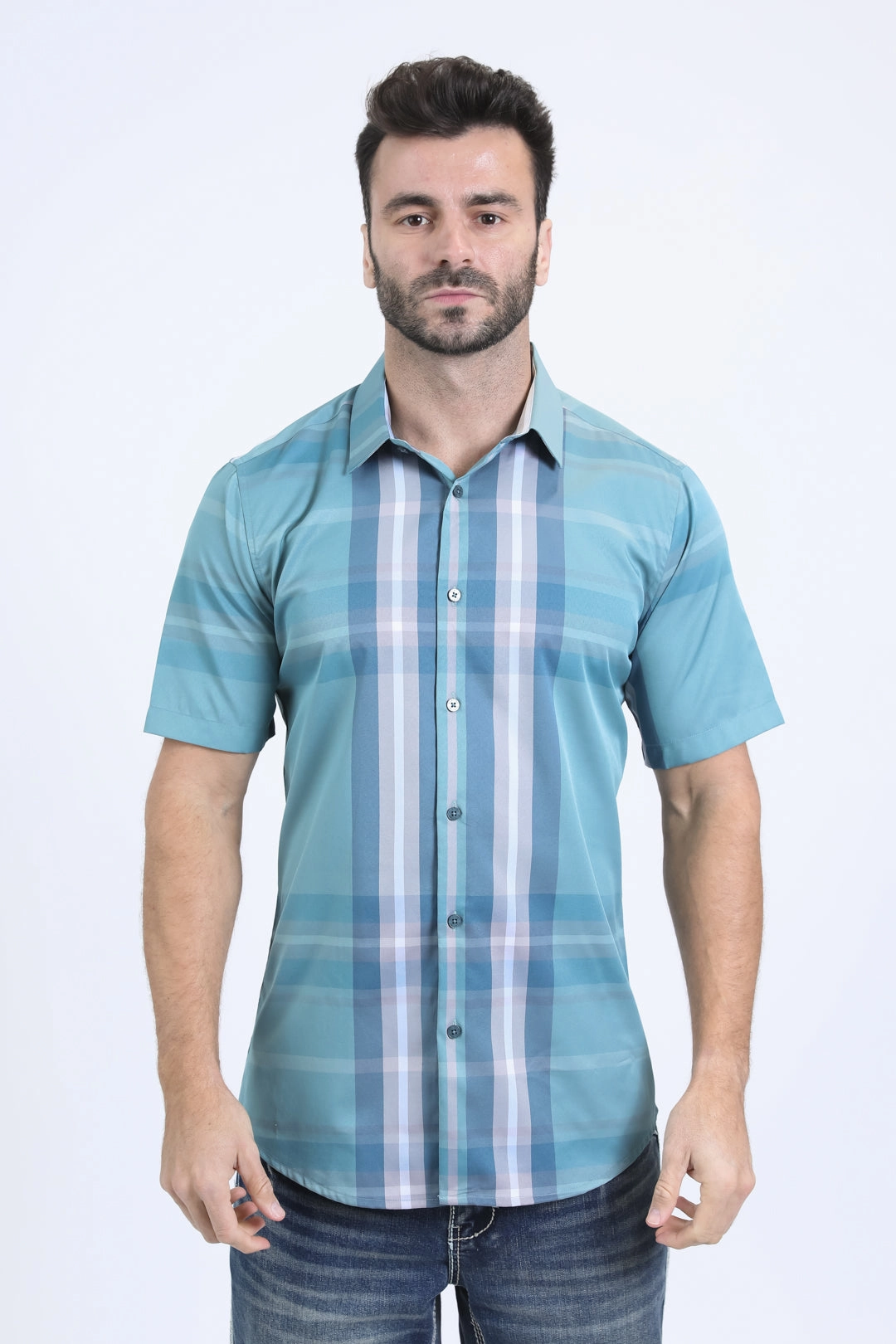 Mens Checkered Short Sleeve Blue Shirt Seasonal Style
