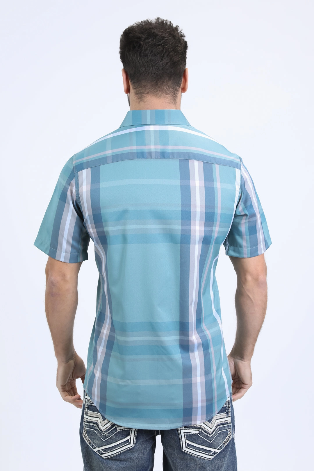 Minimalist Style Compact Packing Mens Checkered Short Sleeve Blue Shirt
