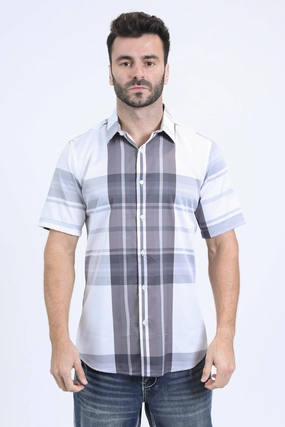 Mens Checkered Short Sleeve White Shirt Easy Styling