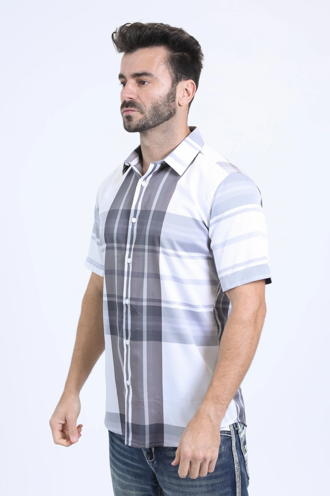 Mens Checkered Short Sleeve White Shirt Runway Inspired Lightweight Material