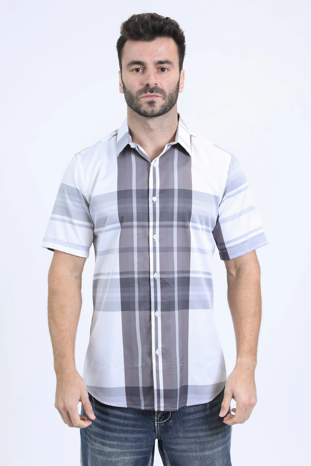 Mens Checkered Short Sleeve White Shirt Easy Styling