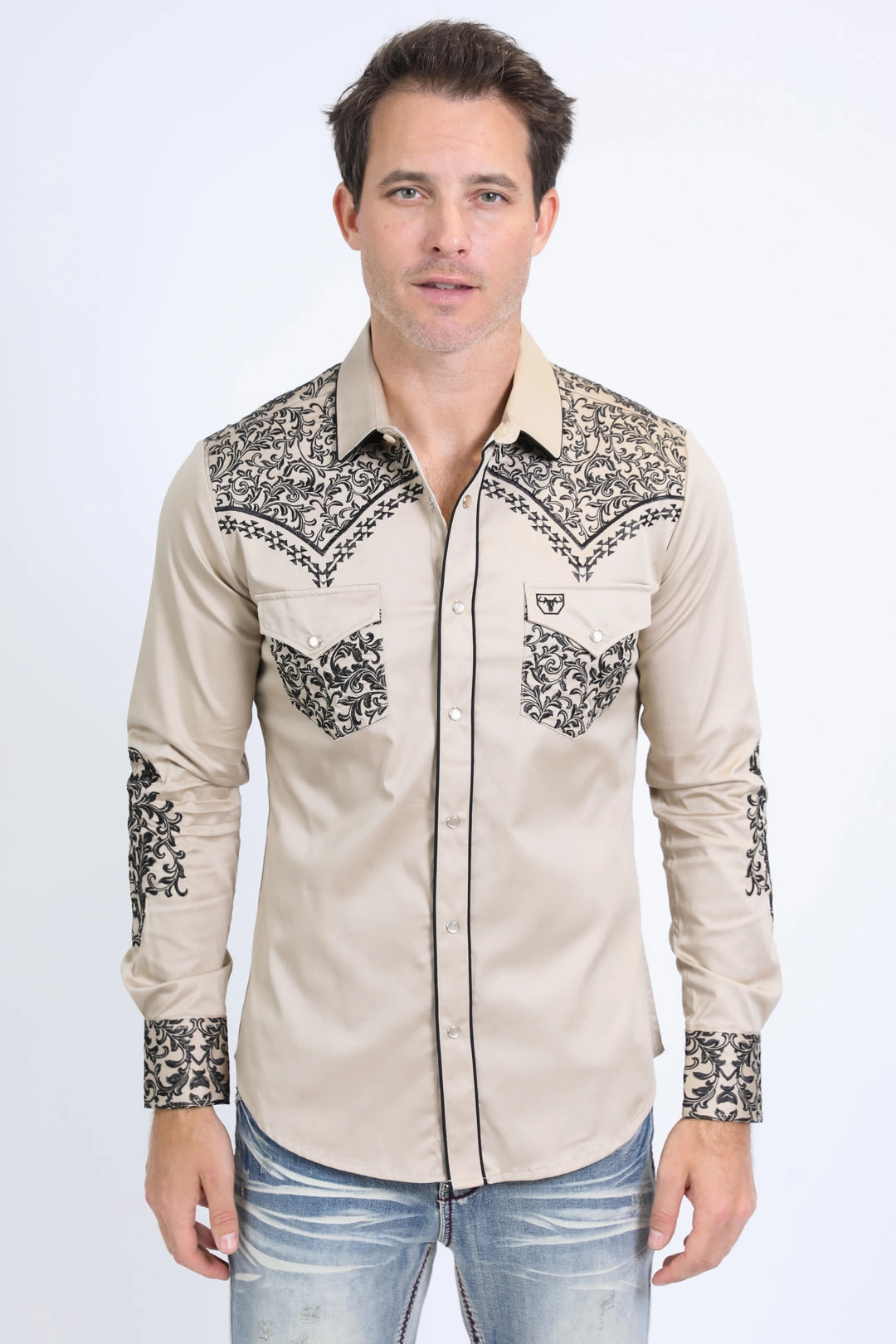 Mens Embroidery Modern Fit Stretch Beige Long Sleeve Shirt Simple Layer Layering Piece
