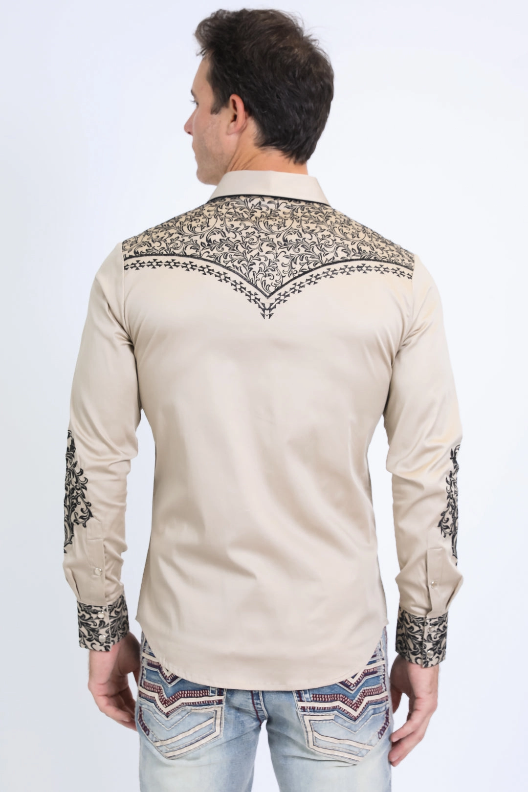 Mens Embroidery Modern Fit Stretch Beige Long Sleeve Shirt Holiday Travel Embroidered Detail