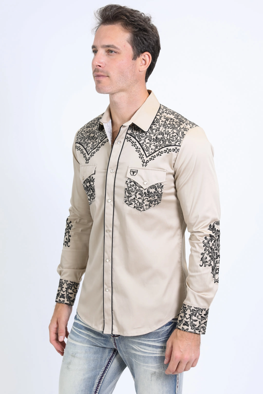 Sophisticated Look Hooded Neckline Mens Embroidery Modern Fit Stretch Beige Long Sleeve Shirt