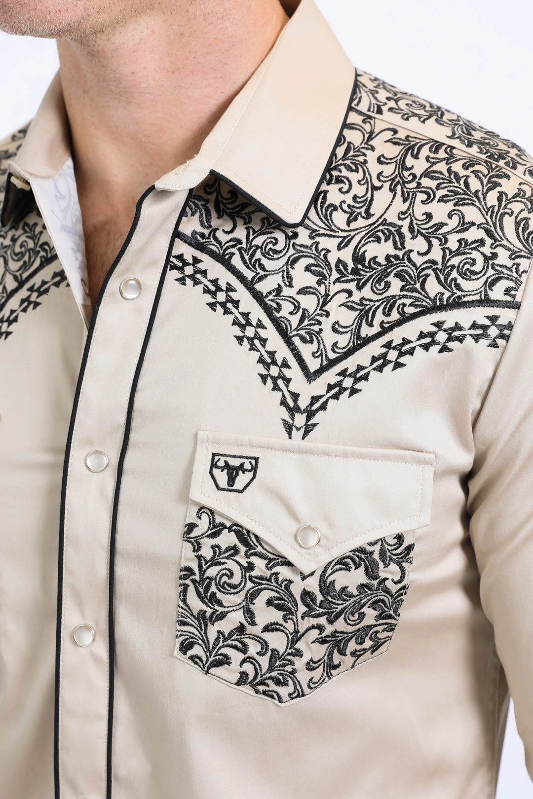 Poolside Lounge Mens Embroidery Modern Fit Stretch Beige Long Sleeve Shirt