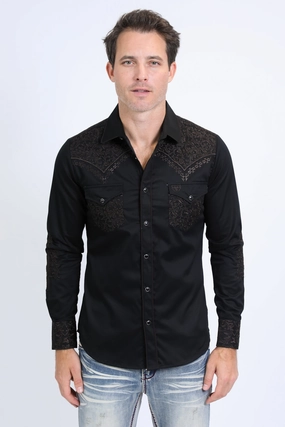 Timeless Appeal Layered Design Mens Embroidery Modern Fit Stretch Black-Brown Long Sleeve Shirt