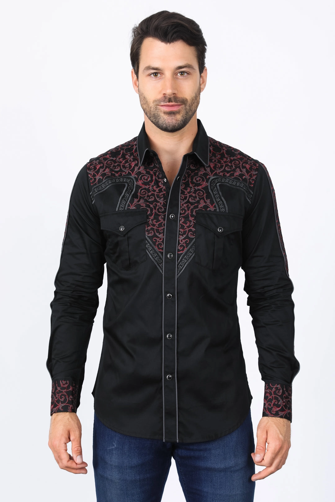 Mens Embroidery Modern Fit Stretch Black/Charcoal Long Sleeve Shirt Summer Outfit Active Lifestyle