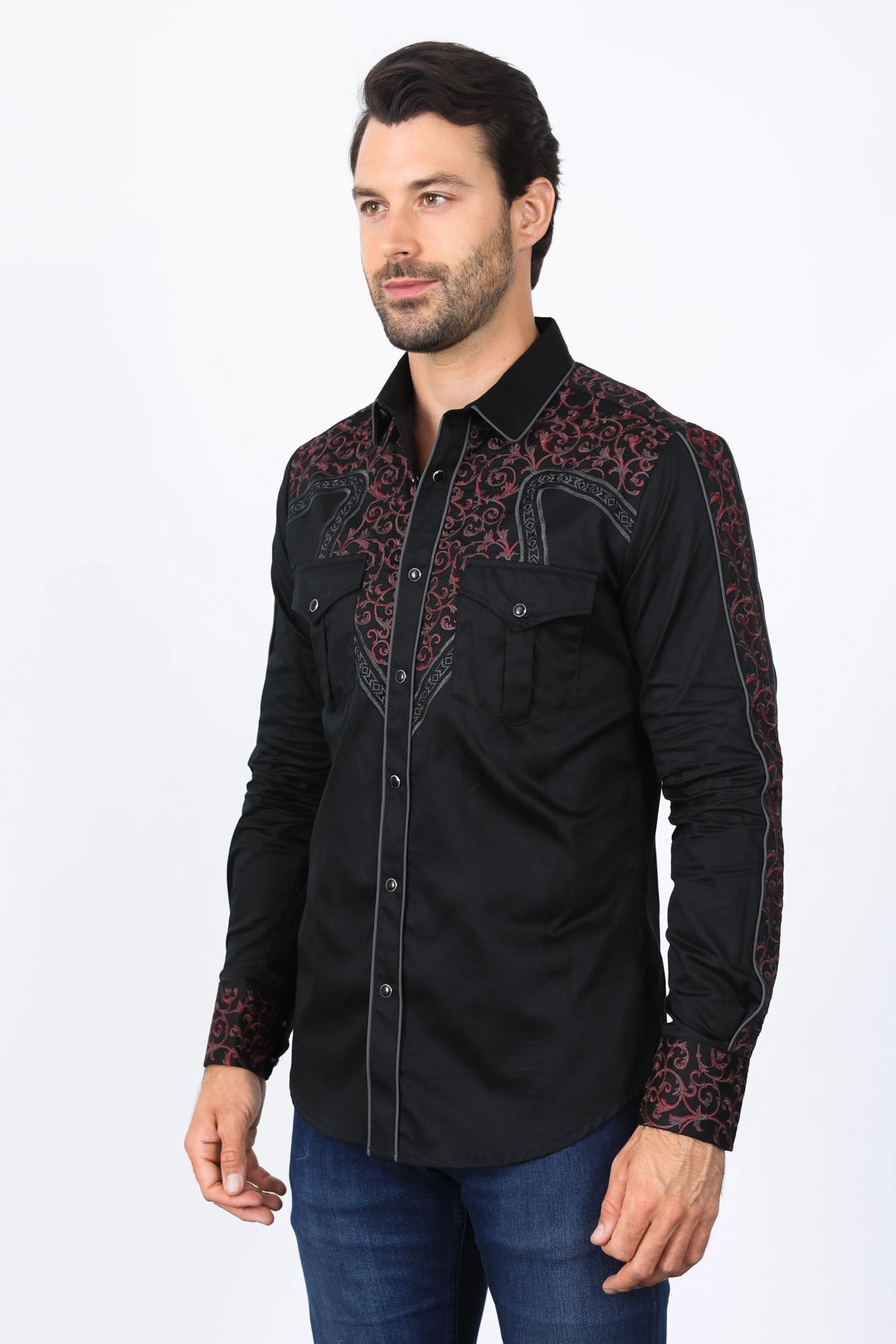 Mens Embroidery Modern Fit Stretch Black/Charcoal Long Sleeve Shirt networking event