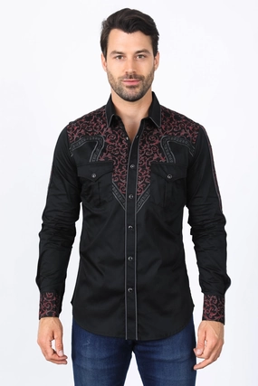 Mens Embroidery Modern Fit Stretch Black/Charcoal Long Sleeve Shirt Summer Outfit Active Lifestyle
