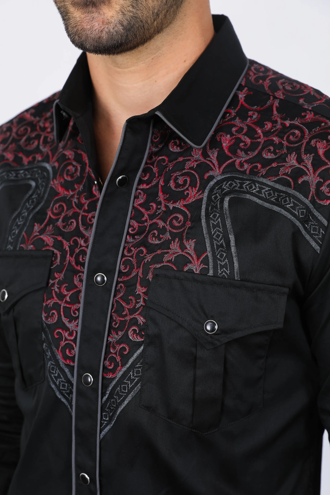 Mens Embroidery Modern Fit Stretch Black/Charcoal Long Sleeve Shirt Creative Professional Chic Wardrobe