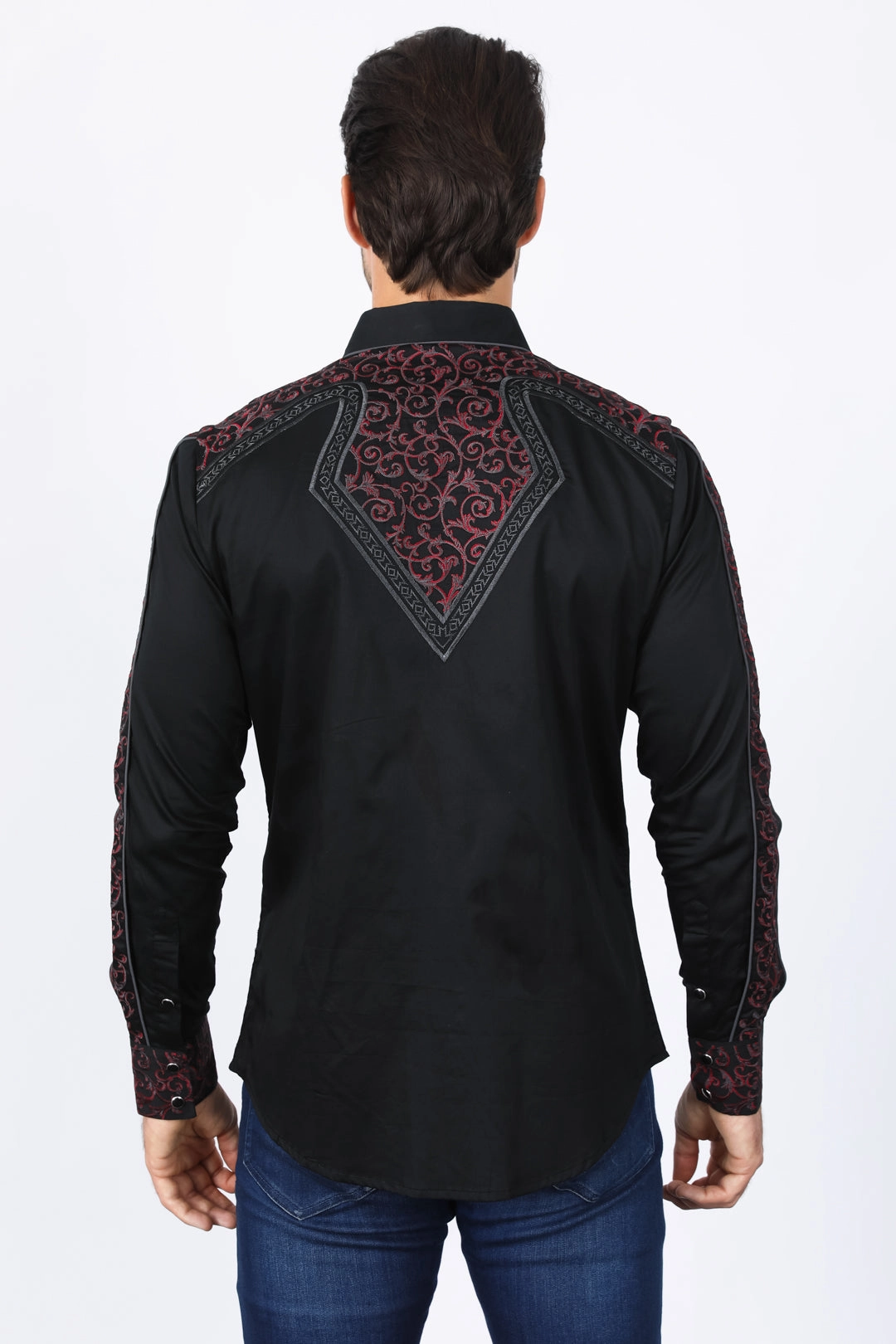 Mens Embroidery Modern Fit Stretch Black/Charcoal Long Sleeve Shirt Gender Neutral