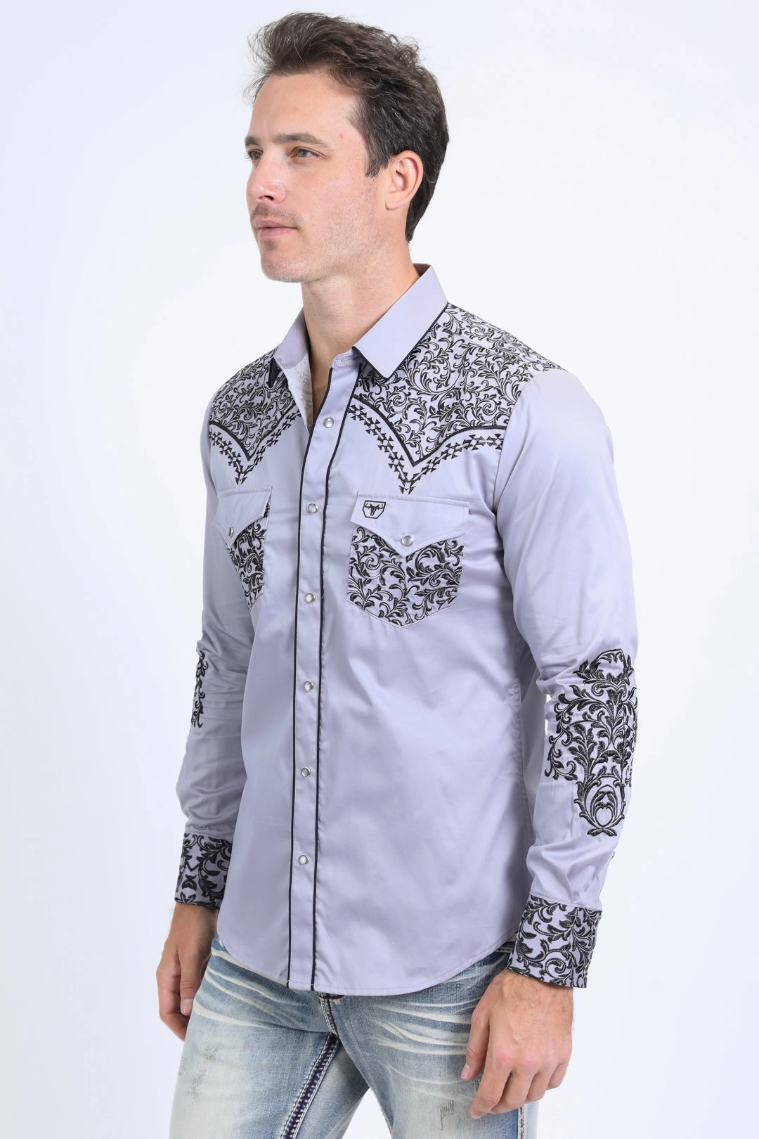 Snug feel birthday party Mens Embroidery Modern Fit Stretch Grey Long Sleeve Shirt