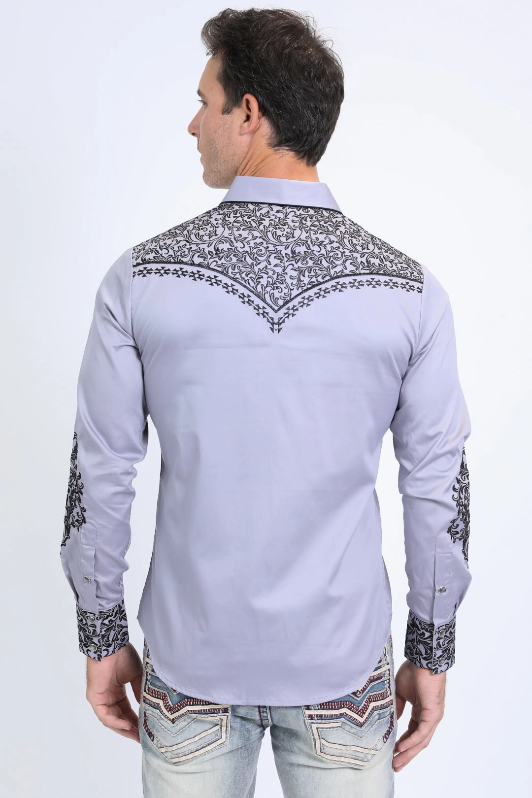Metallic Finish Mens Embroidery Modern Fit Stretch Grey Long Sleeve Shirt