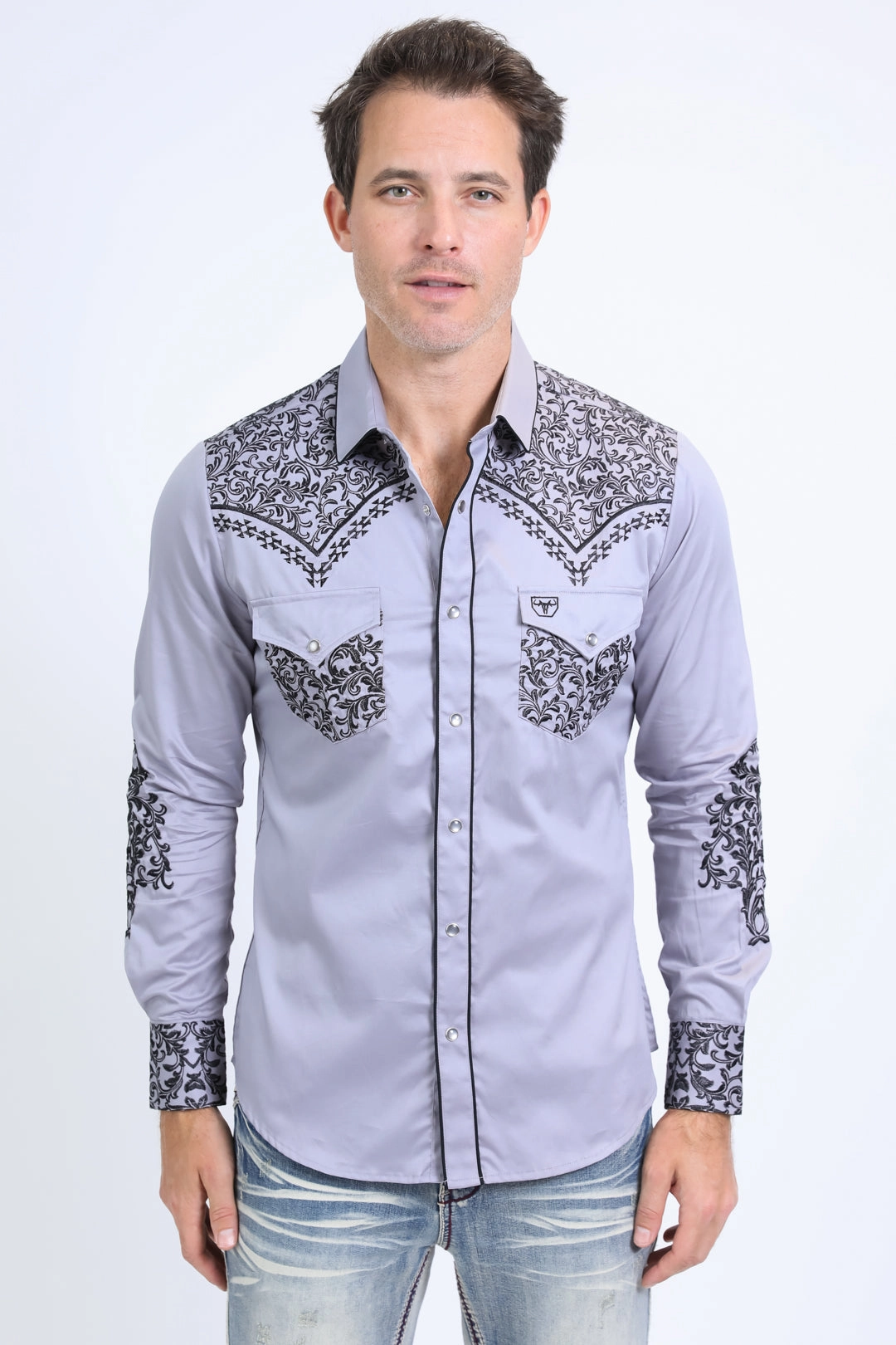 Casual Friday Active Layering Mens Embroidery Modern Fit Stretch Grey Long Sleeve Shirt