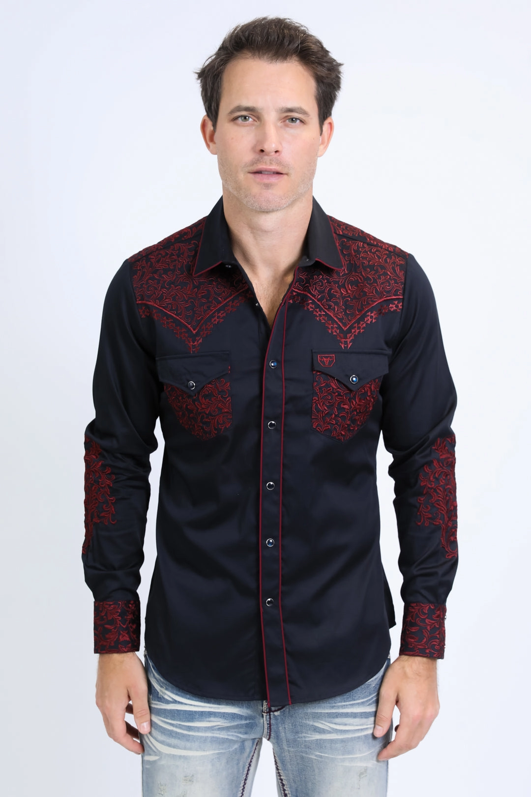 Mens Embroidery Modern Fit Stretch Navy Long Sleeve Shirt Lightweight Material