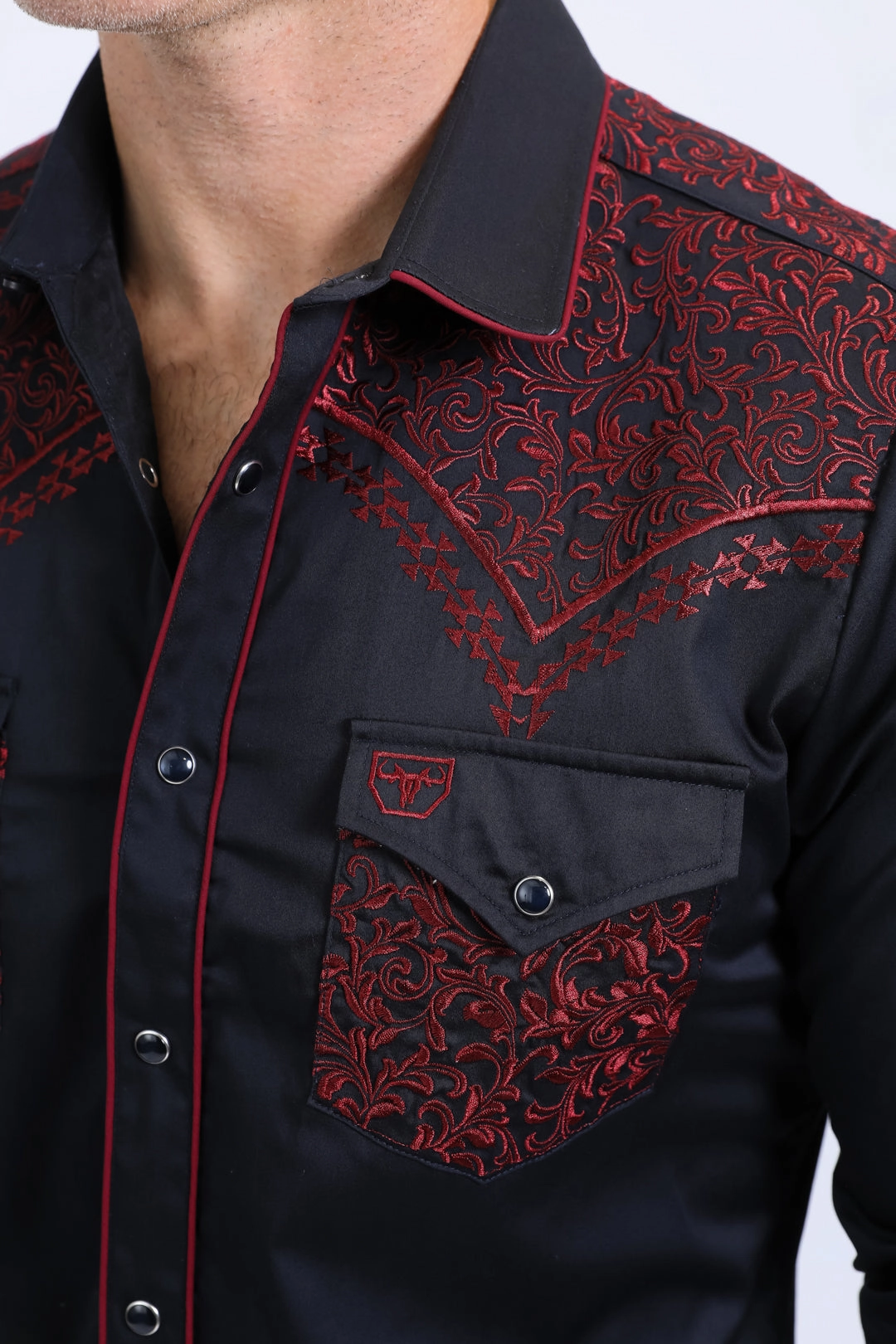 Edgy Design Mens Embroidery Modern Fit Stretch Navy Long Sleeve Shirt