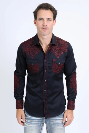 Mens Embroidery Modern Fit Stretch Navy Long Sleeve Shirt Lightweight Material