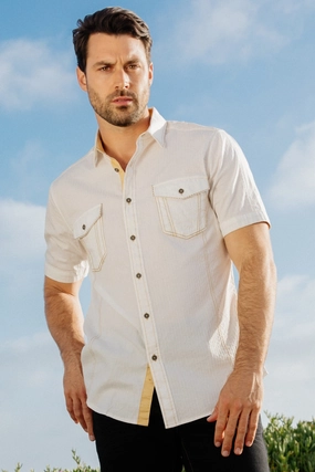 Mens Embroidery Modern Fit Stretch Short Sleeve Shirt Breathable Cotton
