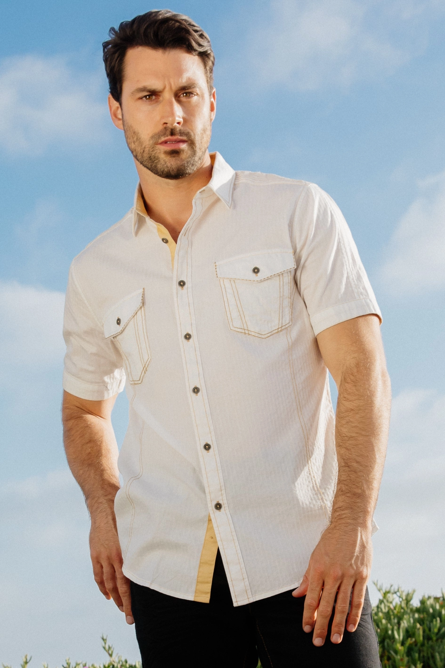 Mens Embroidery Modern Fit Stretch Short Sleeve Shirt Breathable Cotton