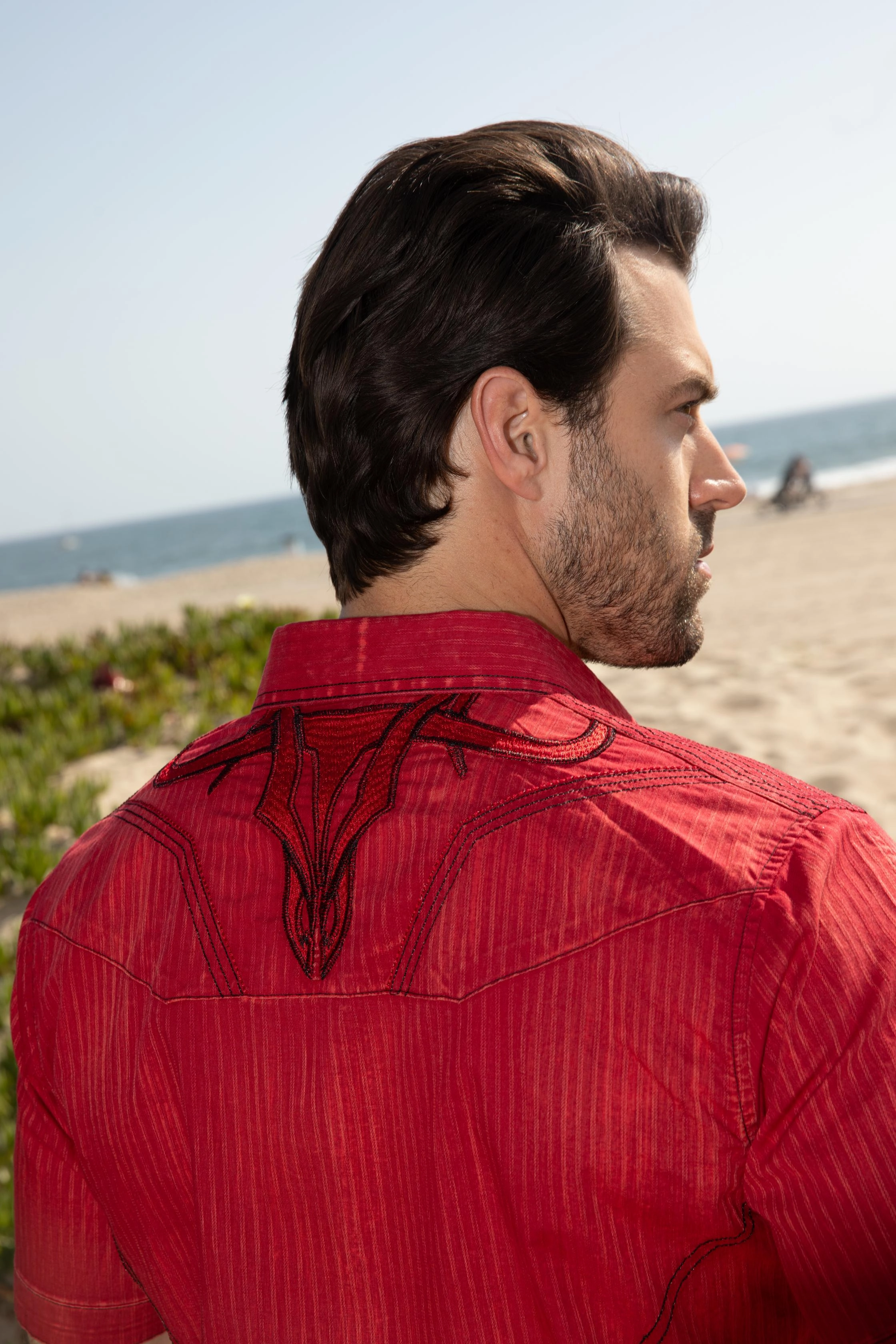 Holiday Outfit Mens Embroidery Modern Fit Stretch Short Sleeve Shirt