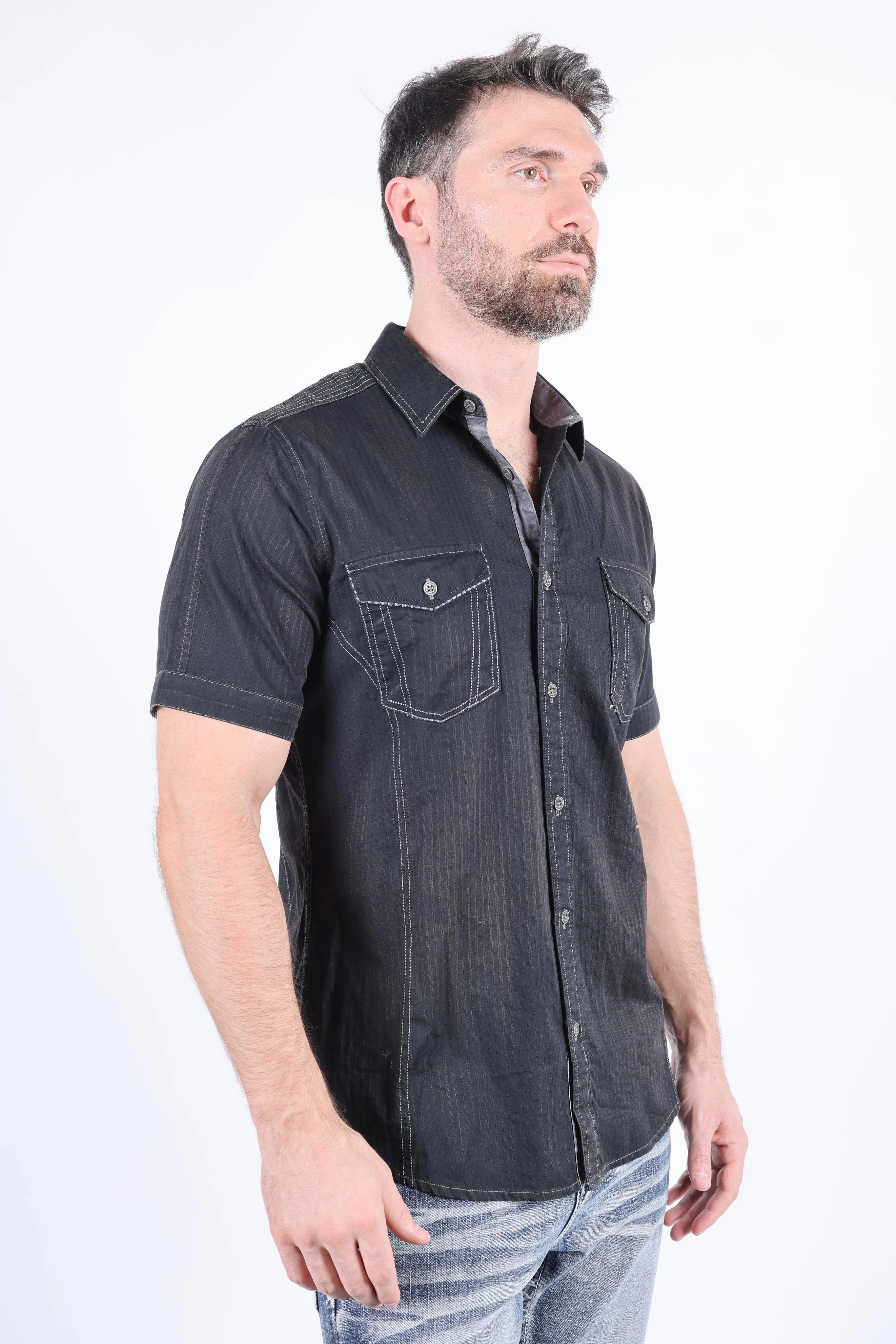 Mens Embroidery Modern Fit Stretch Short Sleeve Shirt Button Down Design Snug feel