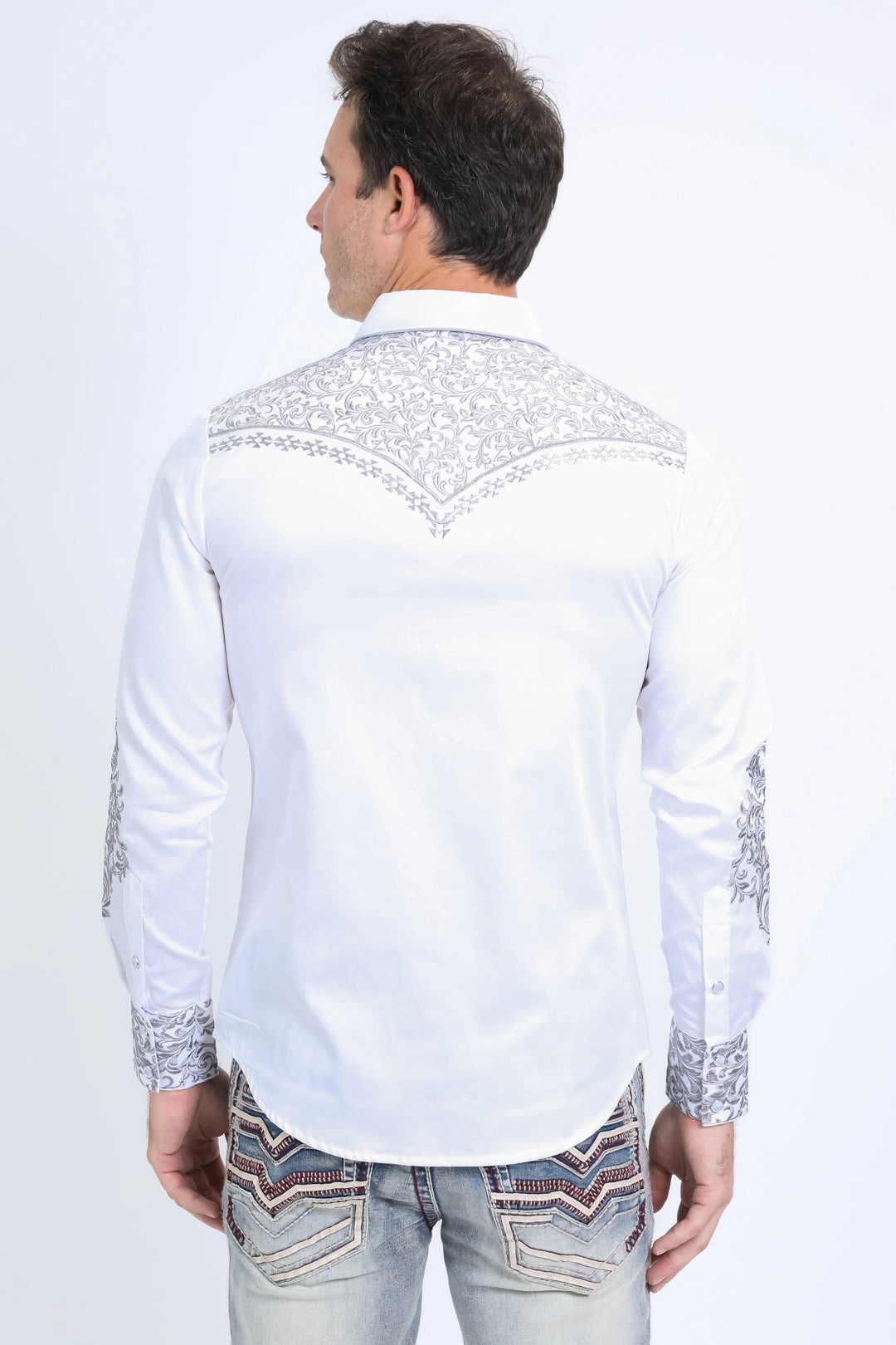 Mens Embroidery Modern Fit Stretch White Long Sleeve Shirt Quick Release Cuffs