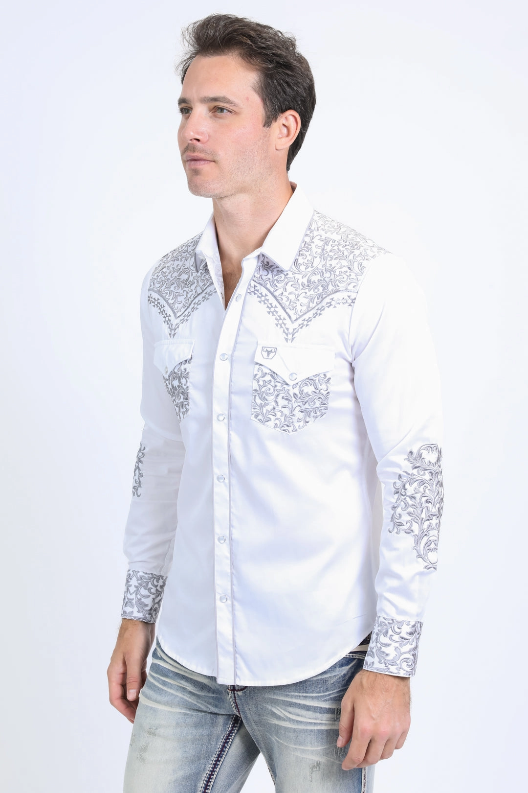 Mens Embroidery Modern Fit Stretch White Long Sleeve Shirt Vibrant Colors