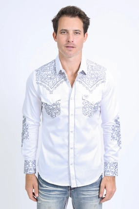 Fall Fashion Mens Embroidery Modern Fit Stretch White Long Sleeve Shirt