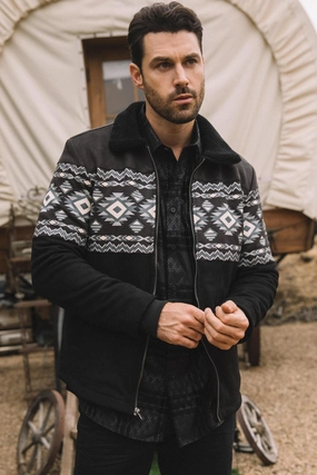 Mens Ethnic Aztec Fur Lined Quilted Suede Black Jacket Placket Closure Relaxed Wear