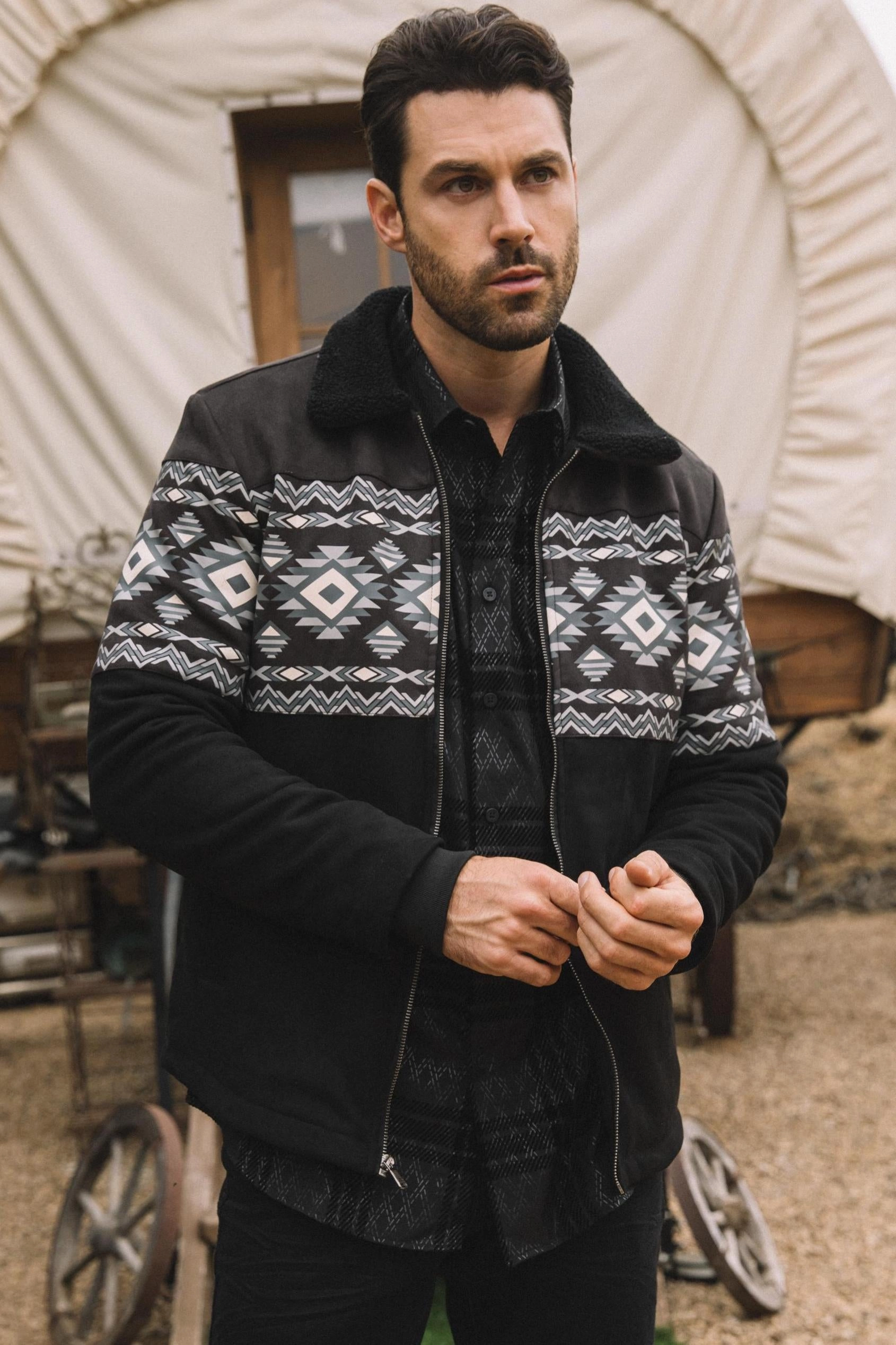 Mens Ethnic Aztec Fur Lined Quilted Suede Black Jacket Placket Closure Relaxed Wear