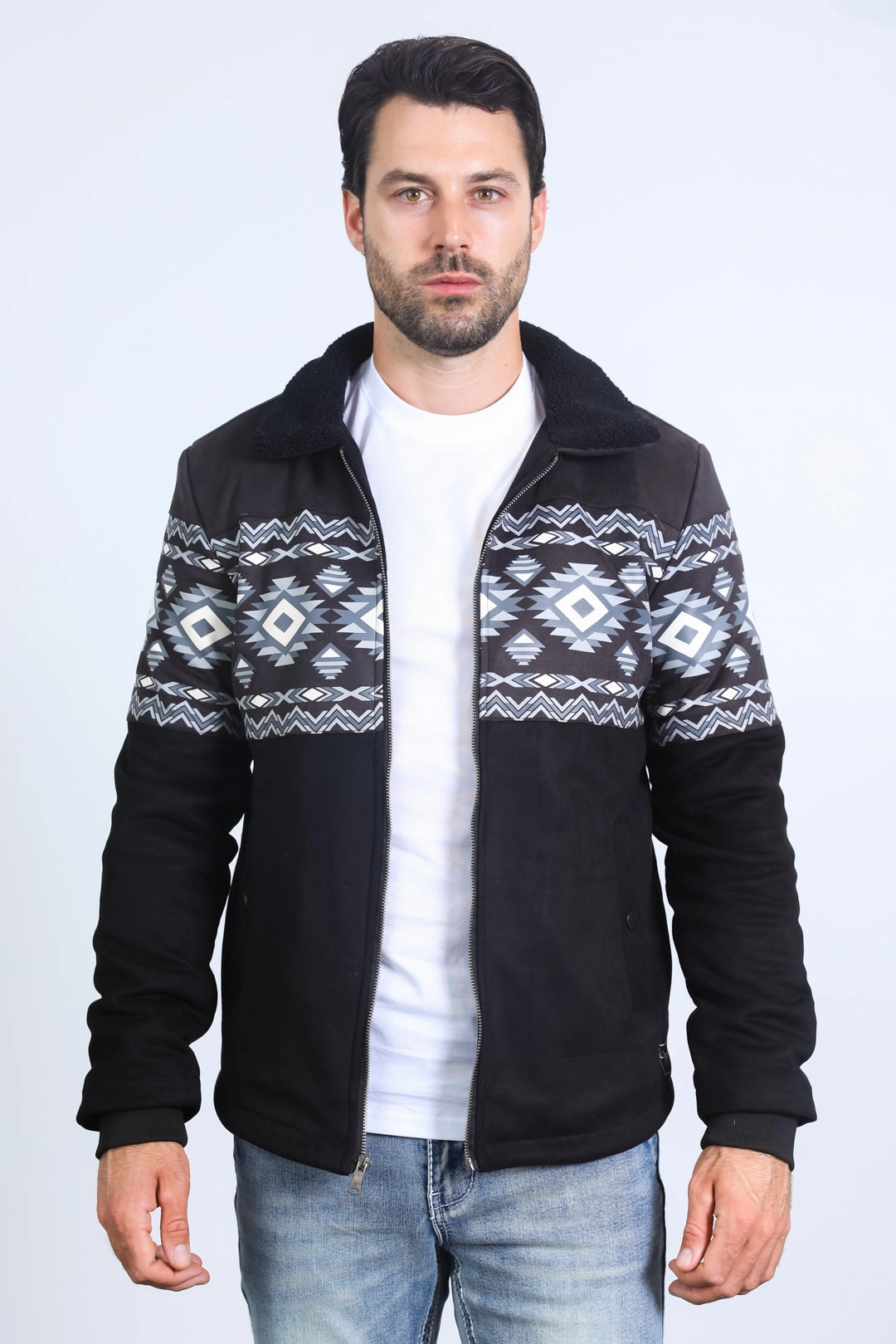 Suburb Ease Creative Flow Mens Ethnic Aztec Fur Lined Quilted Suede Black Jacket