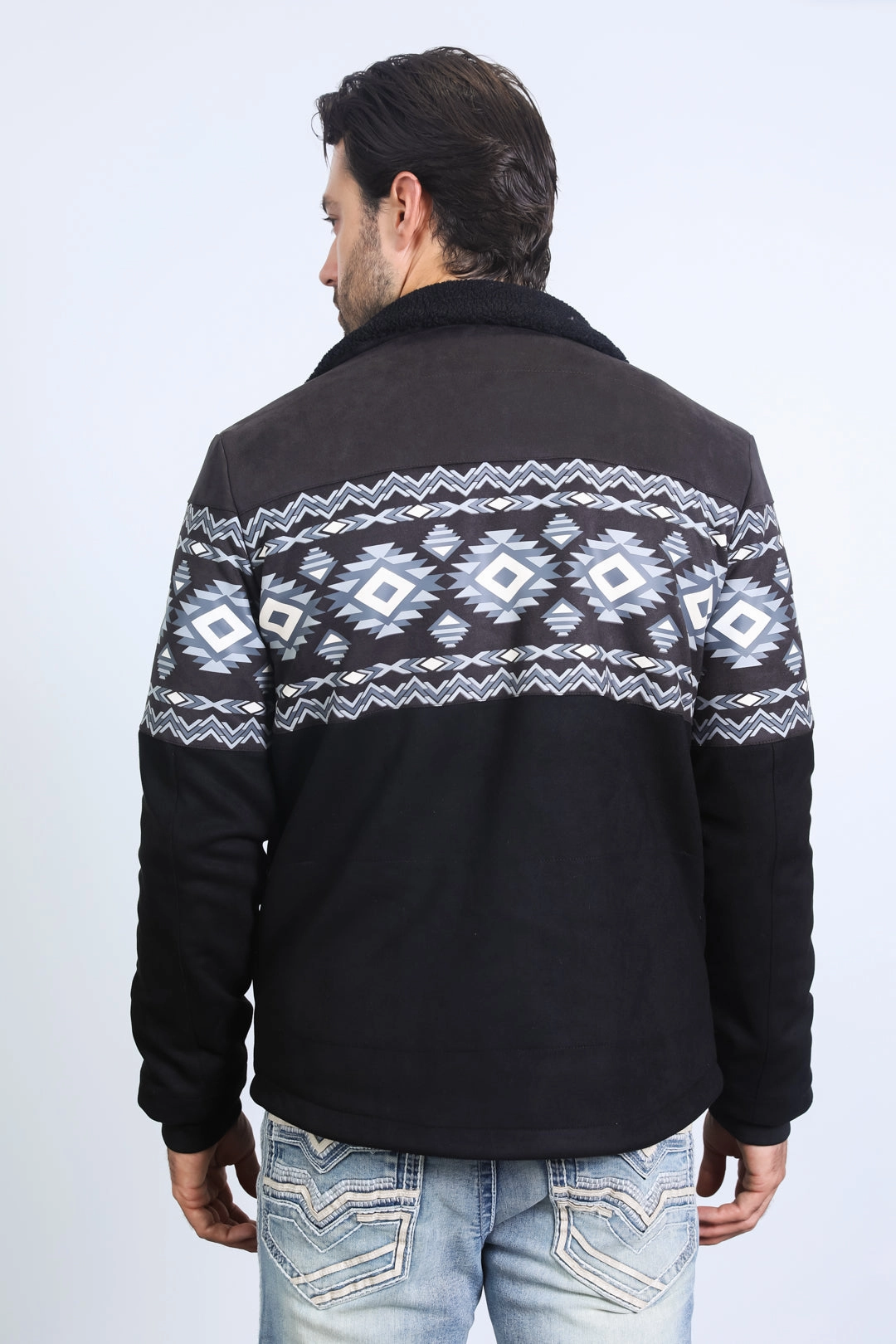 Recycled Fit QuickDryMaterial Mens Ethnic Aztec Fur Lined Quilted Suede Black Jacket