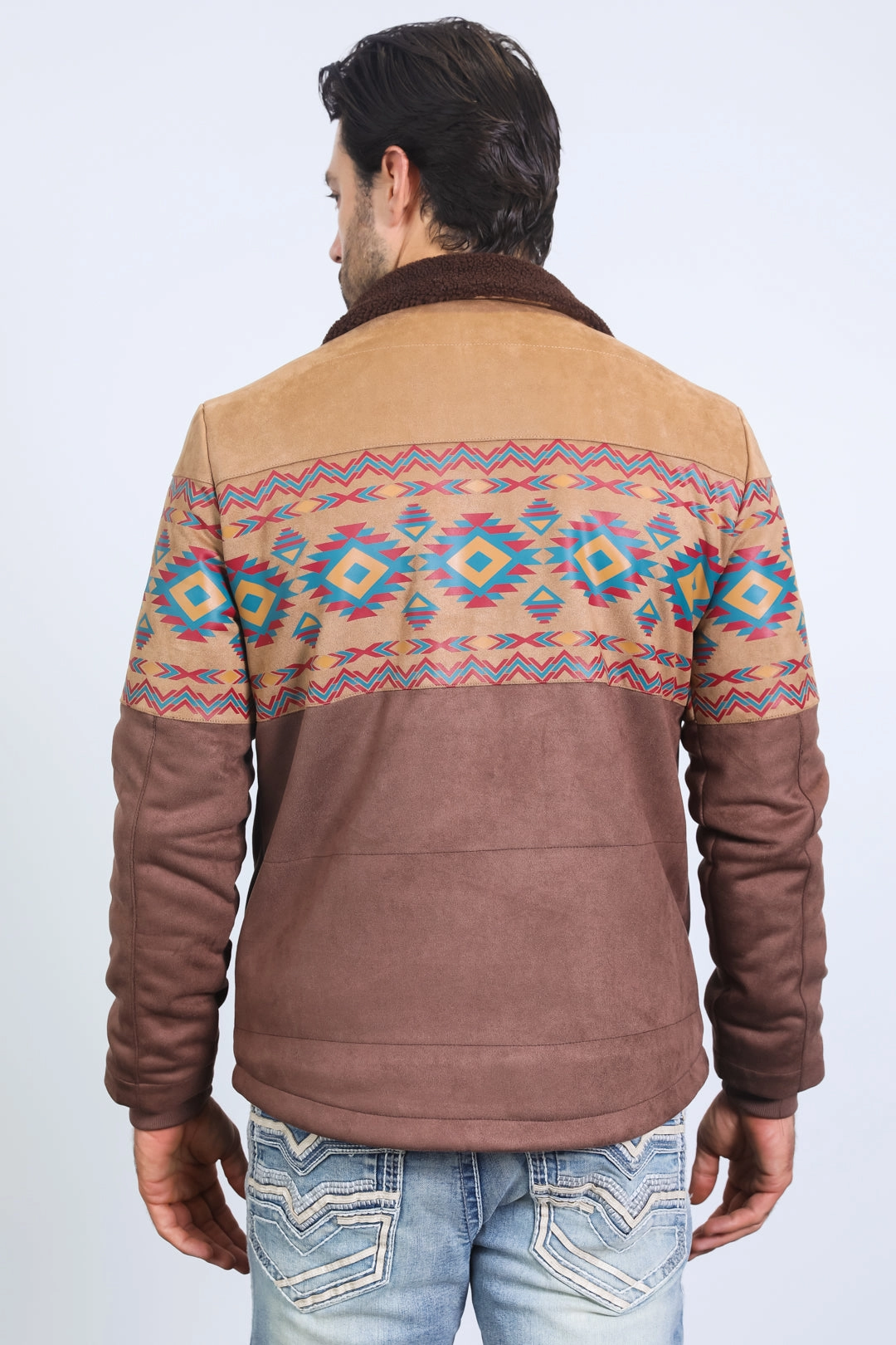 Fantasy Glow Mens Ethnic Aztec Fur Lined Quilted Suede Brown Jacket