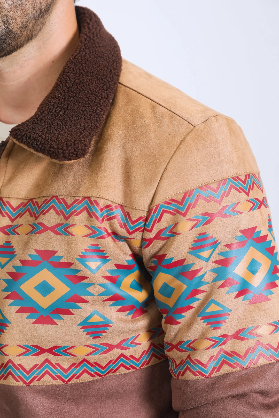 Weather Guard High End Mens Ethnic Aztec Fur Lined Quilted Suede Brown Jacket