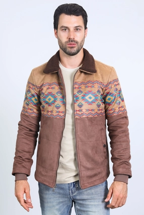 Mens Ethnic Aztec Fur Lined Quilted Suede Brown Jacket EasyAdjustment Craft Edge