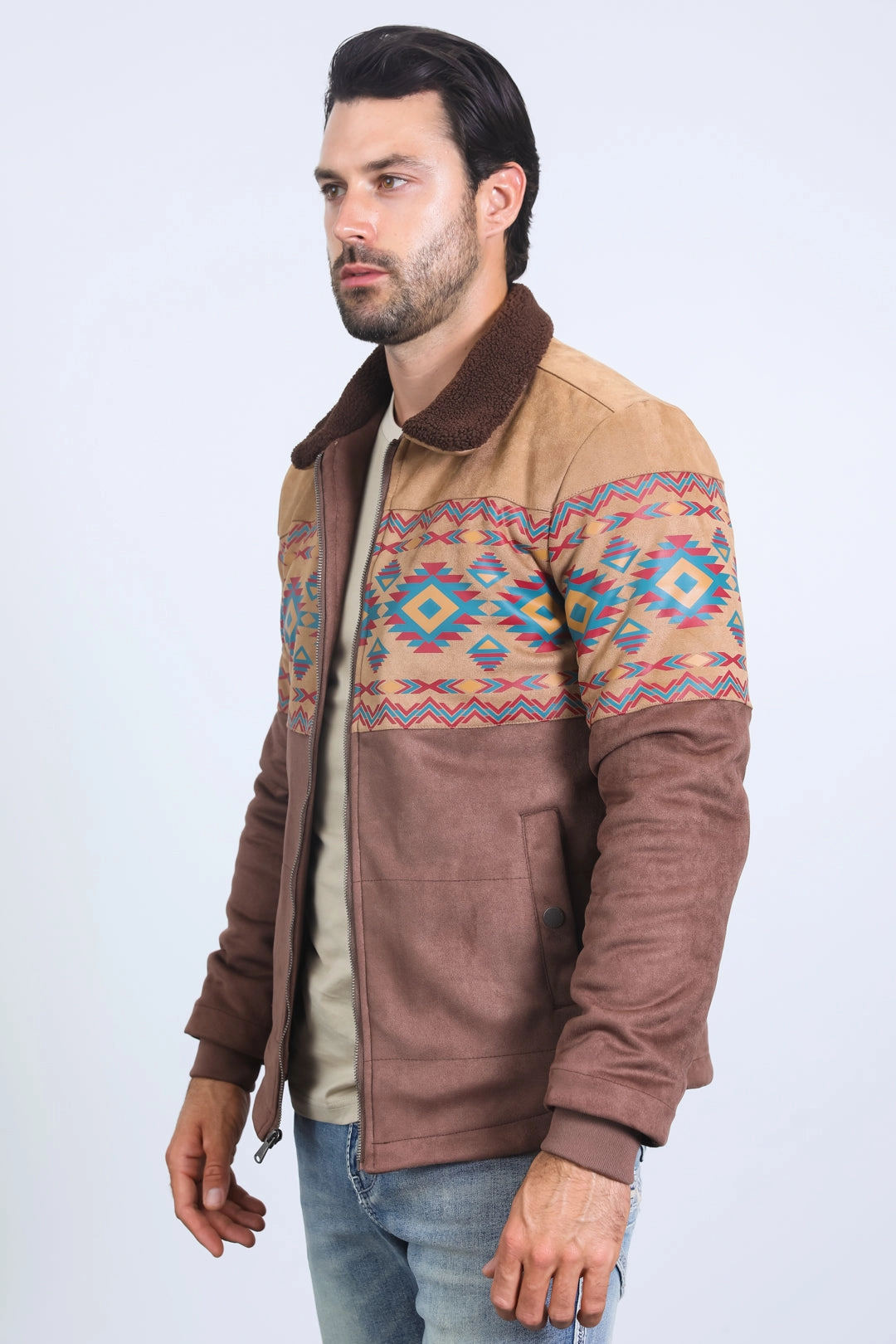 Mens Ethnic Aztec Fur Lined Quilted Suede Brown Jacket Summer Outerwear QuickDrying Fiber
