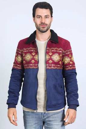 Mens Ethnic Aztec Fur Lined Quilted Suede Navy Jacket Activewear