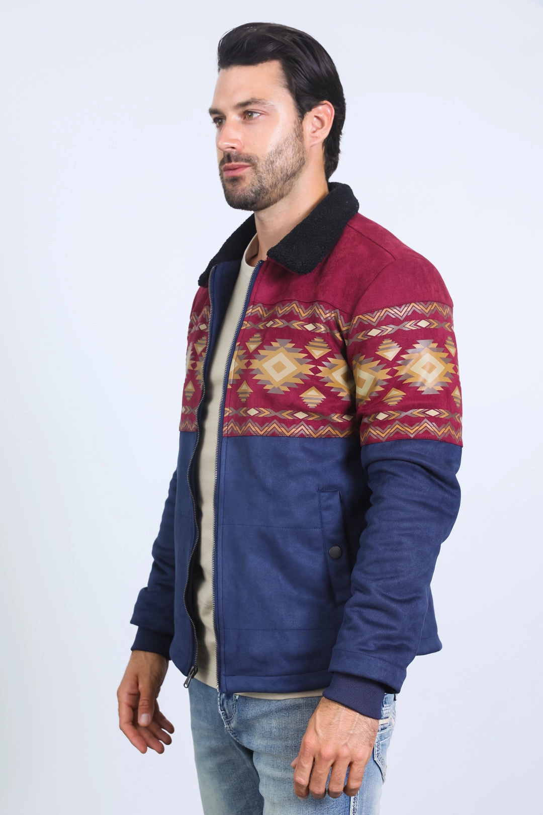 Mens Ethnic Aztec Fur Lined Quilted Suede Navy Jacket EasyAdjustStraps